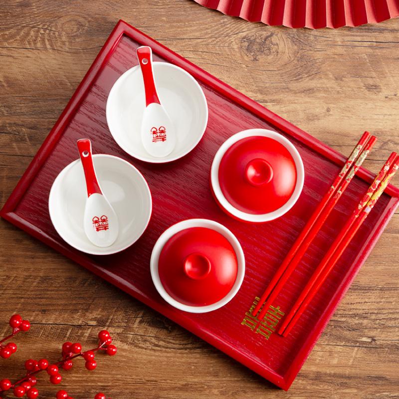 Chinese Wedding Tea Set Red Wedding Bowl Chopsticks Covered Bowl Toast Change Tea Set Solid Wooden Tray Wedding Supplies