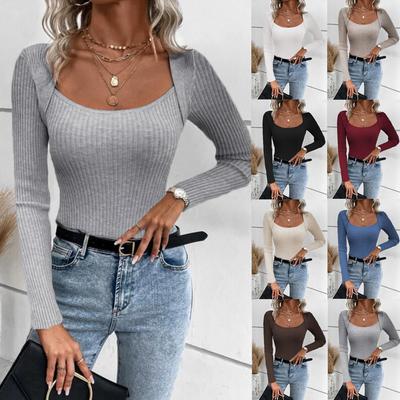 Damenmode Langarm Quadratkragen Strickpullover Herbst Winter Mode Schlank Pullover Pullover Tops