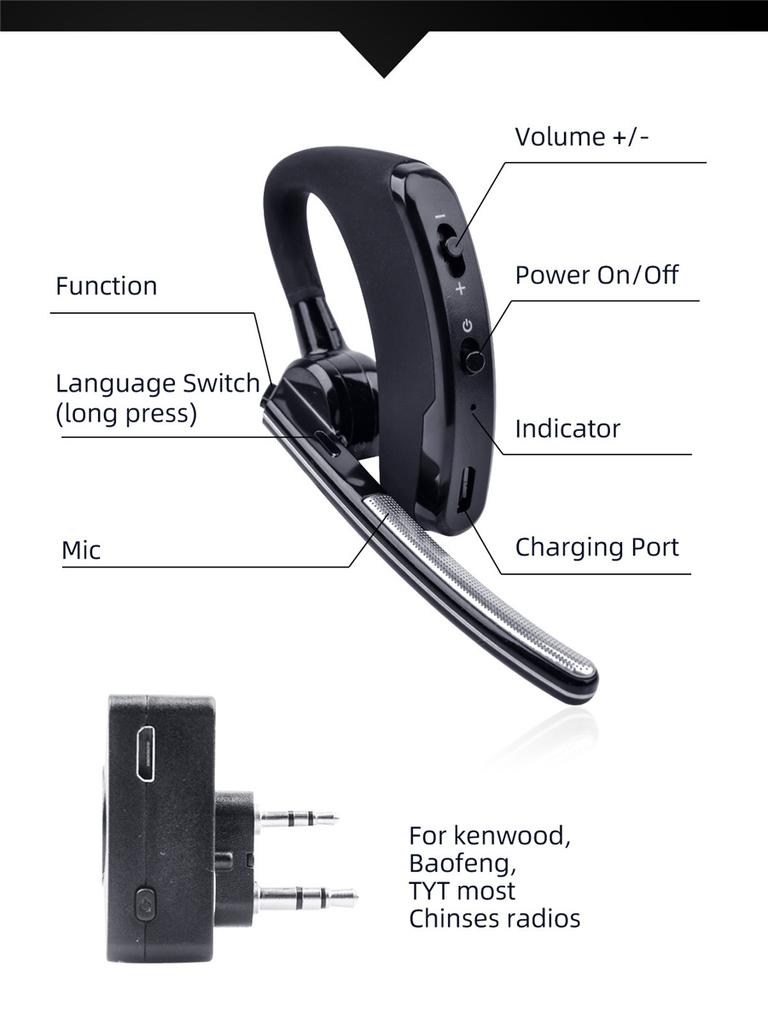 ყურსასმენი PTT Bluetooth ყურსასმენი რაცია Baofeng Kenwood TYT რადიოსთვის K პორტი