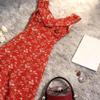Suspender dress design sense Muse Fan retro floral hip-wrapped long dress temperament super fairy red sleeveless ruffle edge
