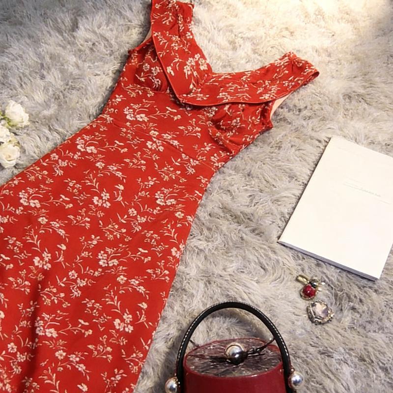 Suspender dress design sense Muse Fan retro floral hip-wrapped long dress temperament super fairy red sleeveless ruffle edge
