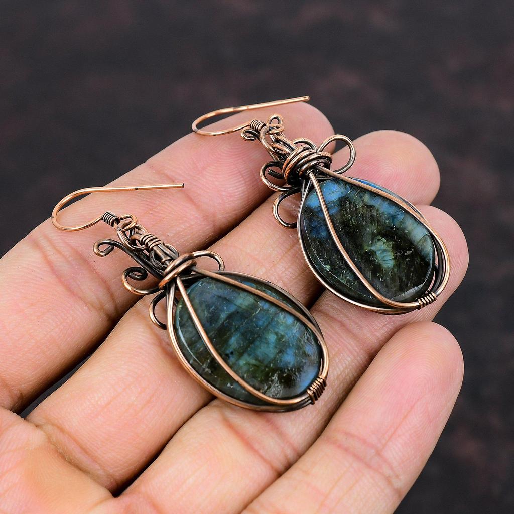 Labradorite Gemstone Earring Copper Wire Wrapped Earrings Handmade Jewelry Drop Earring Copper Wire Wrapped Jewelry Stylish Earring For Gift