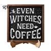 Holiday Atmosphere Home Decor Halloween Wooden Coffee Photo Frame, Retro Distressed Sign for Witch Themed Kitchen Countertop Decor, Rustic Autumn