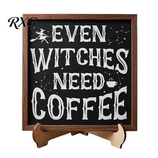 Holiday Atmosphere Home Decor Halloween Wooden Coffee Photo Frame, Retro Distressed Sign for Witch Themed Kitchen Countertop Decor, Rustic Autumn
