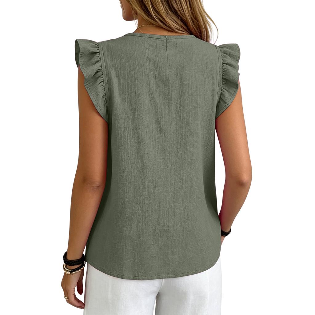 Women Summer Casual V Neck Button Down Blouse Sleeveless Ruffle Trim Lightweight Relaxed Fit Top for Daily Wear Office