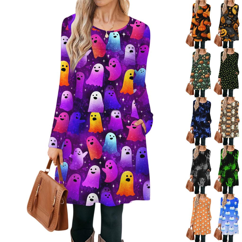 Damen Langarmkleid Herbst Freizeit T-Shirt Lockere Passform Plissiertes Vorderteil Kleider mit Taschen