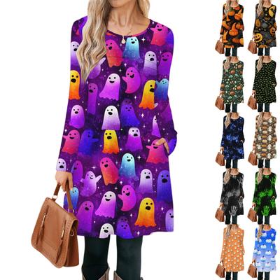 Damen Langarmkleid Herbst Freizeit T-Shirt Lockere Passform Plissiertes Vorderteil Kleider mit Taschen