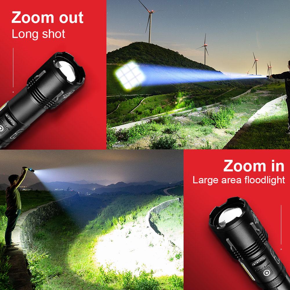 Side Light Flashlight Super Bright XHP110 LED+COB Torch Rechargeable Flash Light Waterproof Lamp Zoomable Lantern