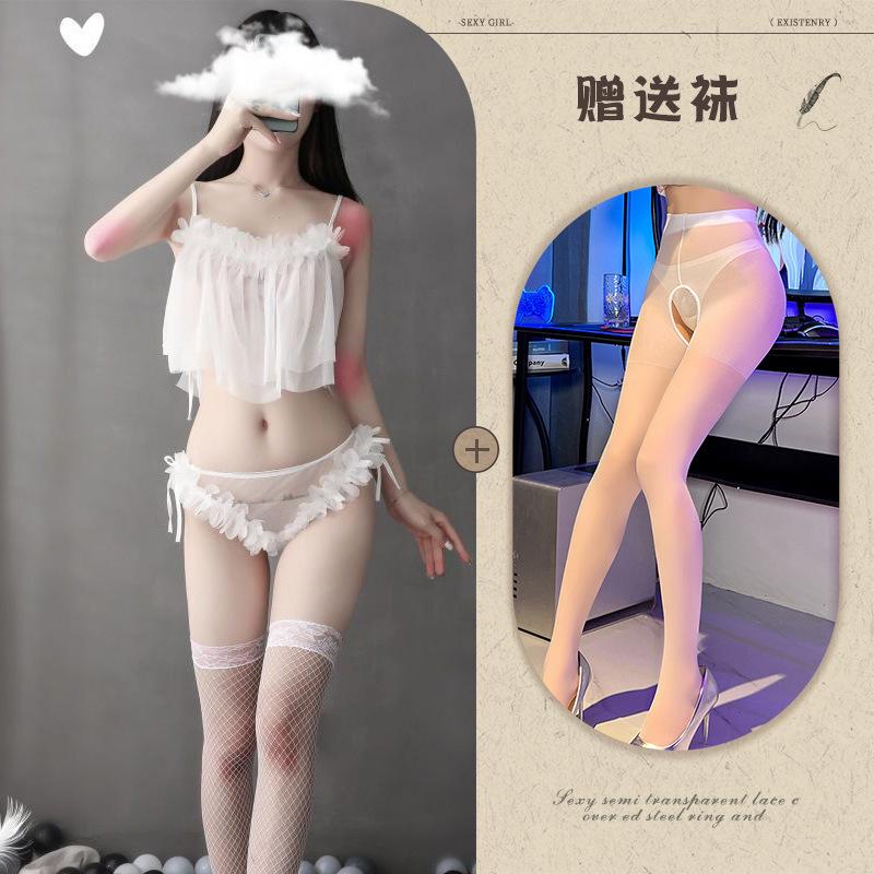 Night listening incense lingerie sexy petal splicing mesh pajamas perspective hanging neck backless temptation lace loungewear