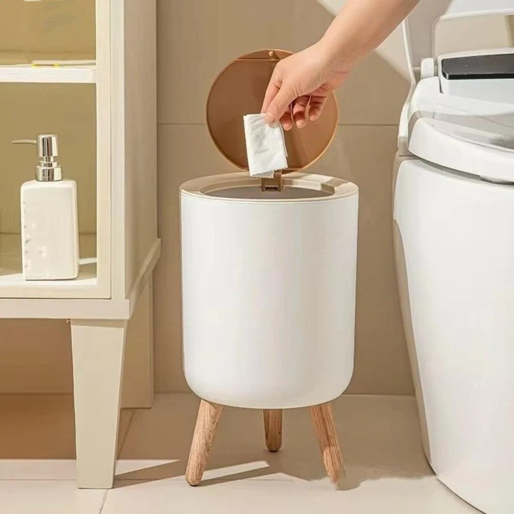 Durable Press Cover Waste Bin High Leg White Color Paper Basket with Lid Round Shape Trash Can Living Room