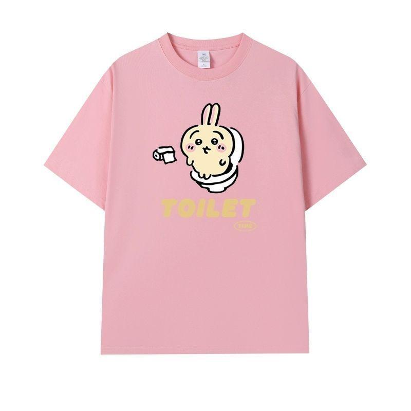 Fashion Chiikawa Cartoon Print 100% Cotton Short Sleeve Round Neck Women's T-shirt Trendy Summer Cute Loose Women's T-shirt Tops