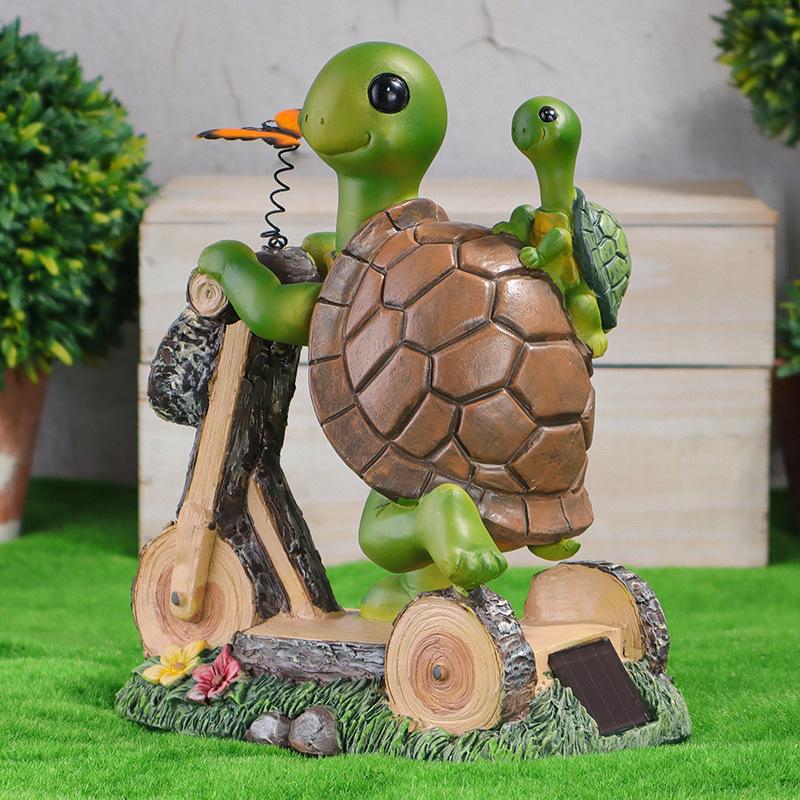 Solar LED Resin Bonsai Turtle On Bicycle Garden Night Light Ornament