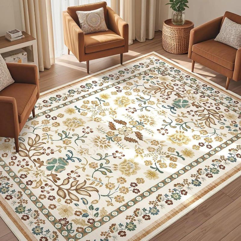 Boh Rural Style Plants and Flowers Print Large Area Rug Design Non-Slip Carpet for Living Room Bedroom Soft Floor Mat Home Decor