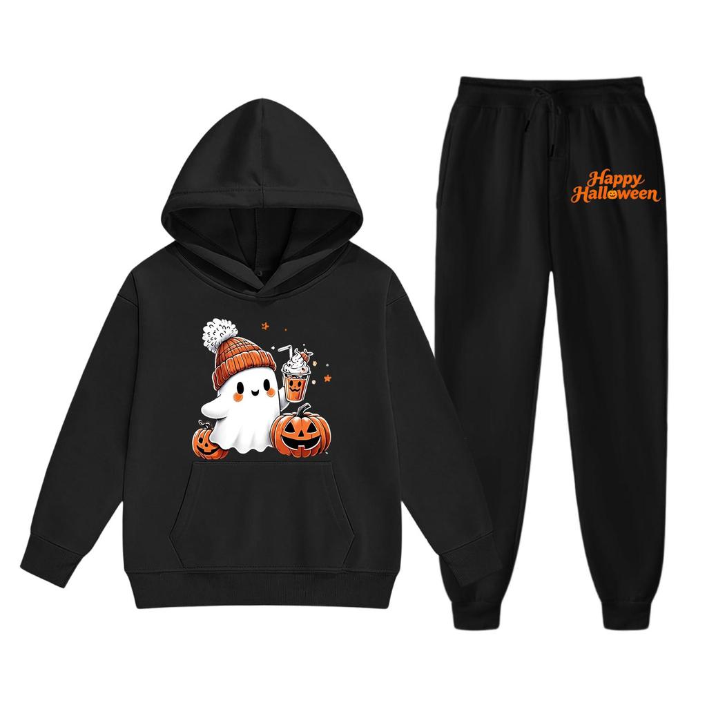 Kids Halloween Hoodie and Sweatpants Set Ghost Pumpkin Print Long Sleeve Pullover Top and Elastic Waist Bottoms Casual Outfit for Children