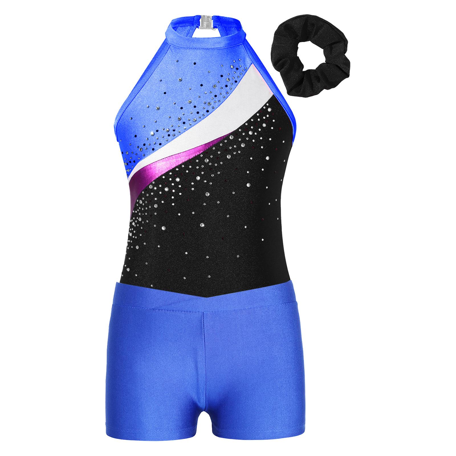 

Girls Dance Training Set Sleeveless Rhinestones Leotard Patchwork Design Hair Band V Front Shorts 15-16 Years королівський синій колір