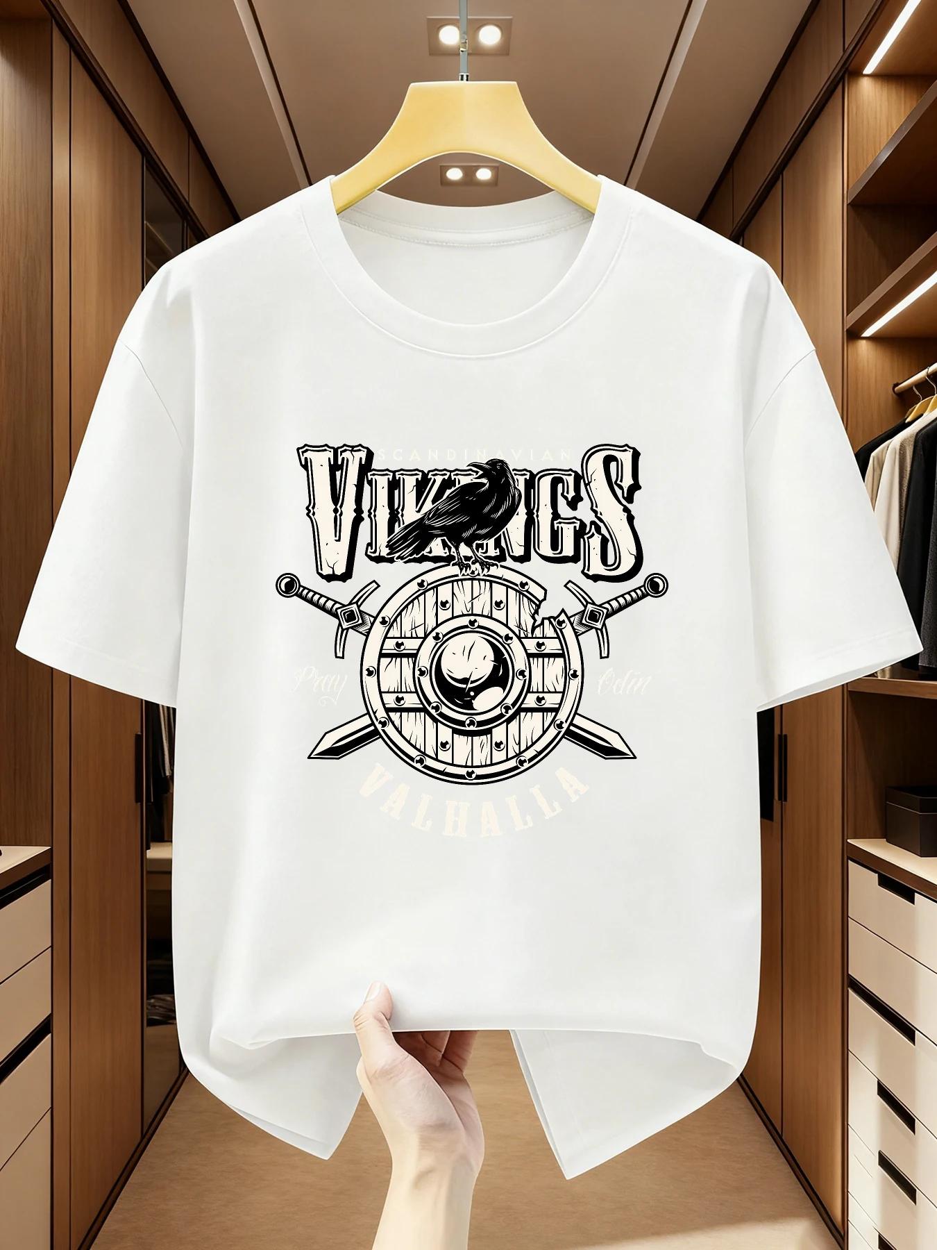 Men s Viking Spirit Hall Nordic History Theme T-shirt Viking Shield and Raven Warrior Pattern Casual Viking Style Men s Cloth... S