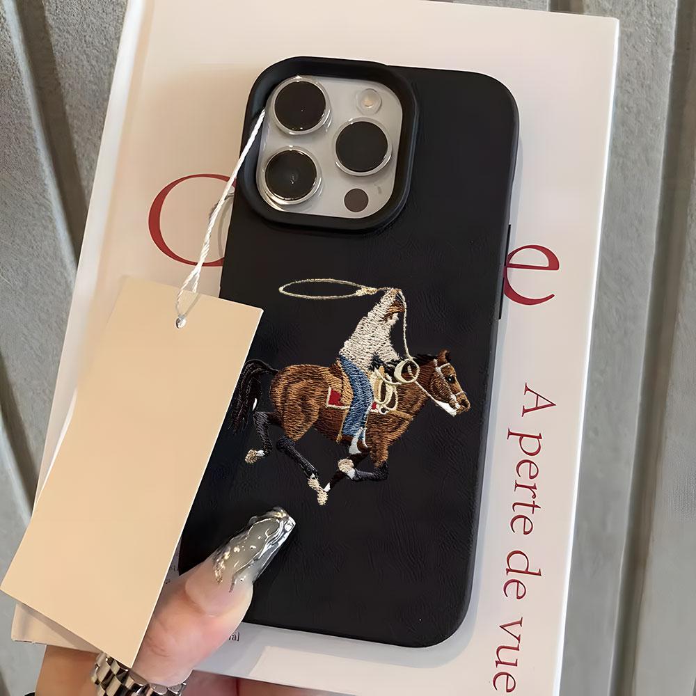 Vintage Cowboy Horse Embroidery Case For iPhone 17Air 16 15 14 13 12 11 Pro Max Plus Luxury Retro Shockproof Soft Leather Cover