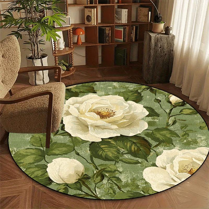 White Roses Green Leaves Pattern Round Shape Floor Mats Kitchen Hallway Runner Rug Bedroom Living Room Soft Carpet Non-slip Area Rug