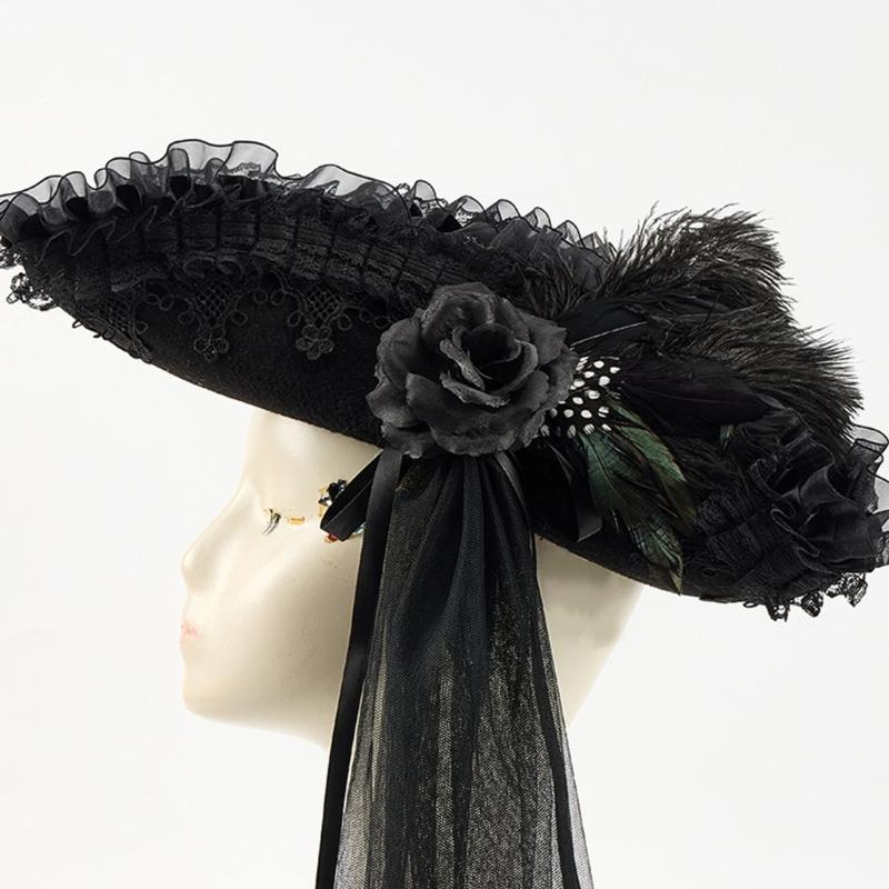 18th Century Pirate Captain Tricorn Hat With Adjustable Lace And Long Veil For Colonial Costume Halloween RolePlay Game