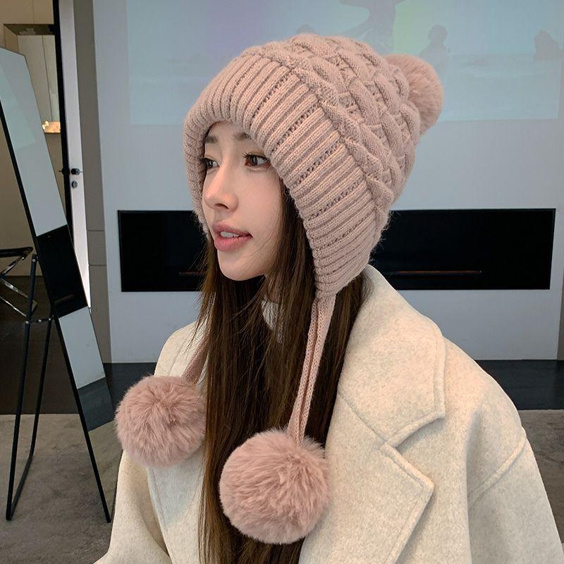 Wool Hat Women's Winter Plush Thickened Hairball Ear Protection Warm Hat Cold-proof Knitted Hat