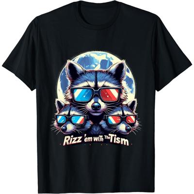 Rizz Em with The Tism Retro Vintage Raccoon Meme Autism T-Shirt 100% Cotton Crew Neck T-Shirt for Men Women