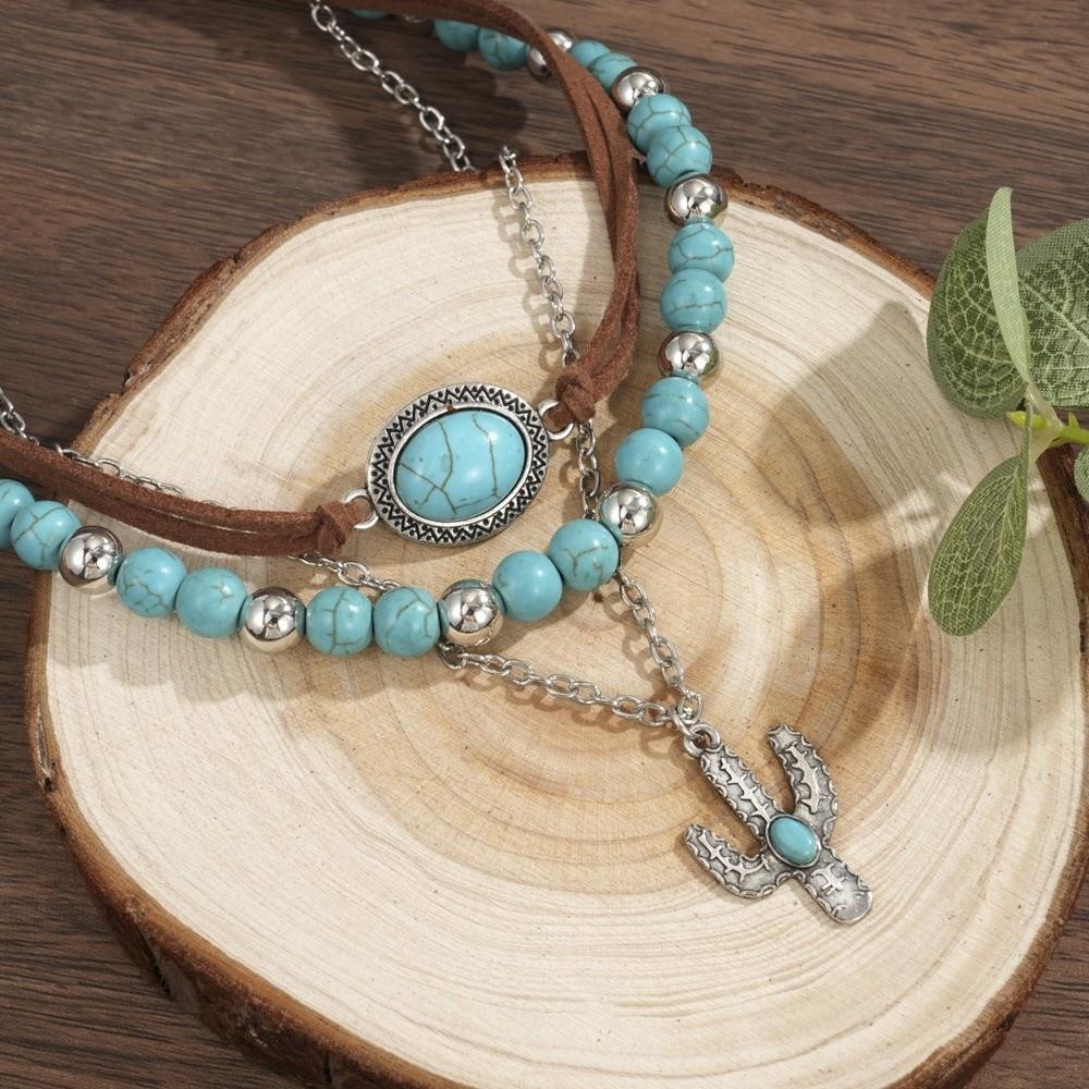 Western Beaded Layered Necklace Bohemian Clavicle Chain Turquoise Beads Pendant Necklaces Gifts