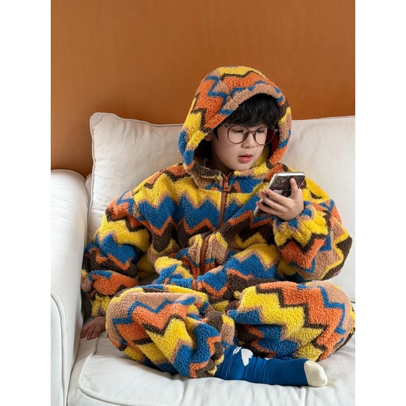 Kids Cute Striped Hooded Pajamas Set Winter Warm Loungewear Boys Girls
