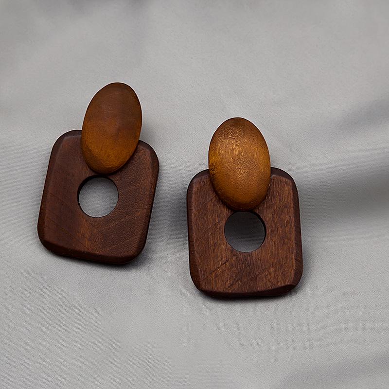 2023 European & American Retro Geometric Wood Drop Earrings - Hollow Bohemian Style for Women