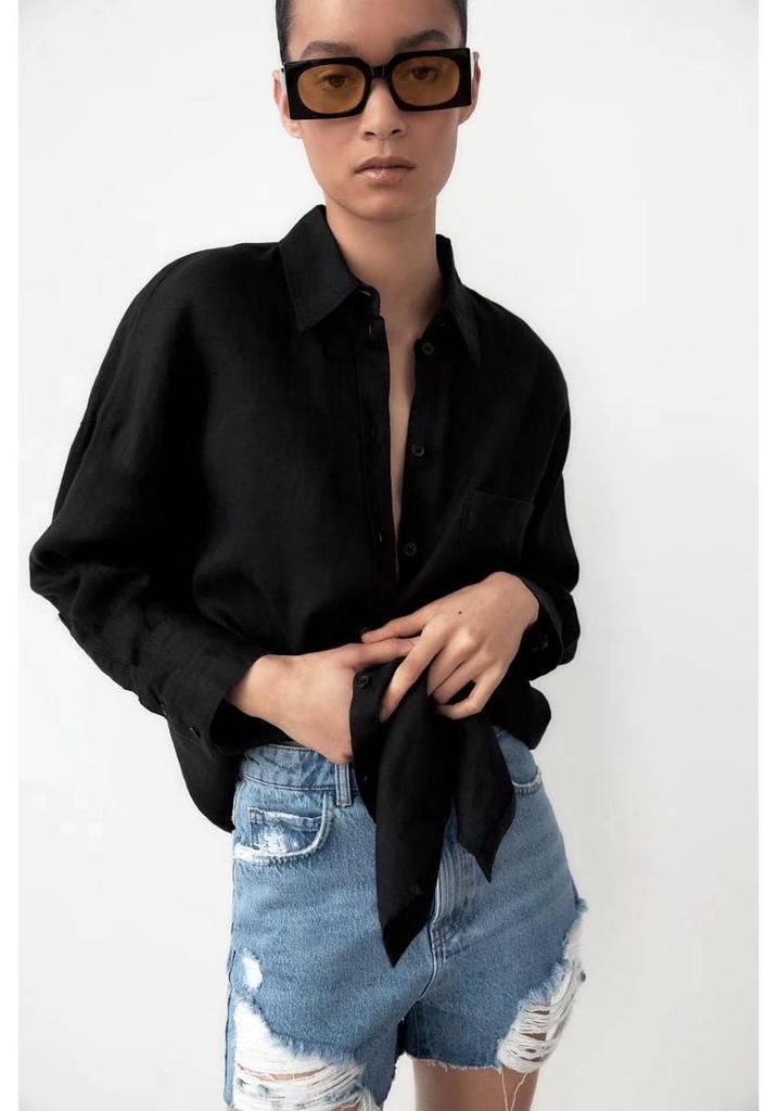2023 Autumn New European & American Street Style Multi-color Long Sleeve Solid Linen Shirt with Pocket Detail
