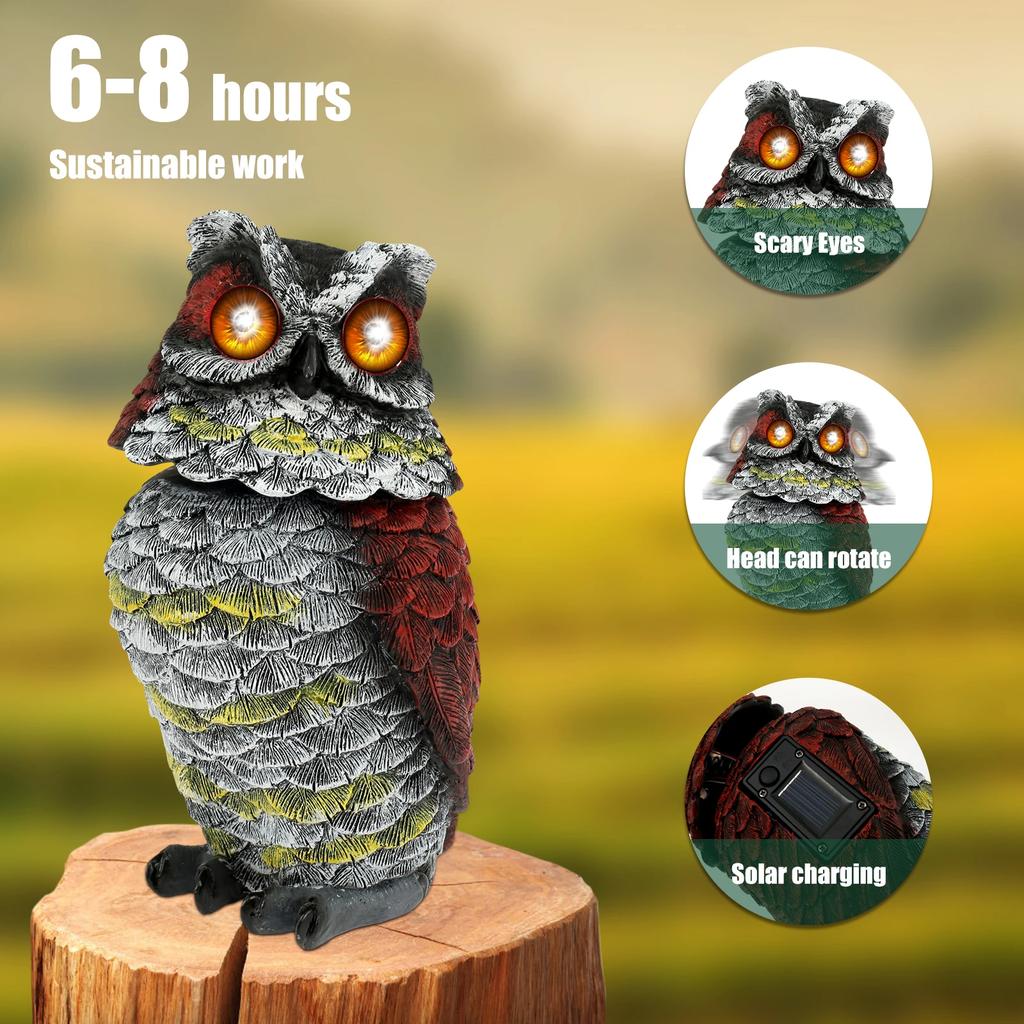 1/2Pcs Solar Owl Decoy Resin Pigeon Deterrent Owl Statue with Flashing Eyes and Rotating Head Garden Bird Scarer for Yard Lawn