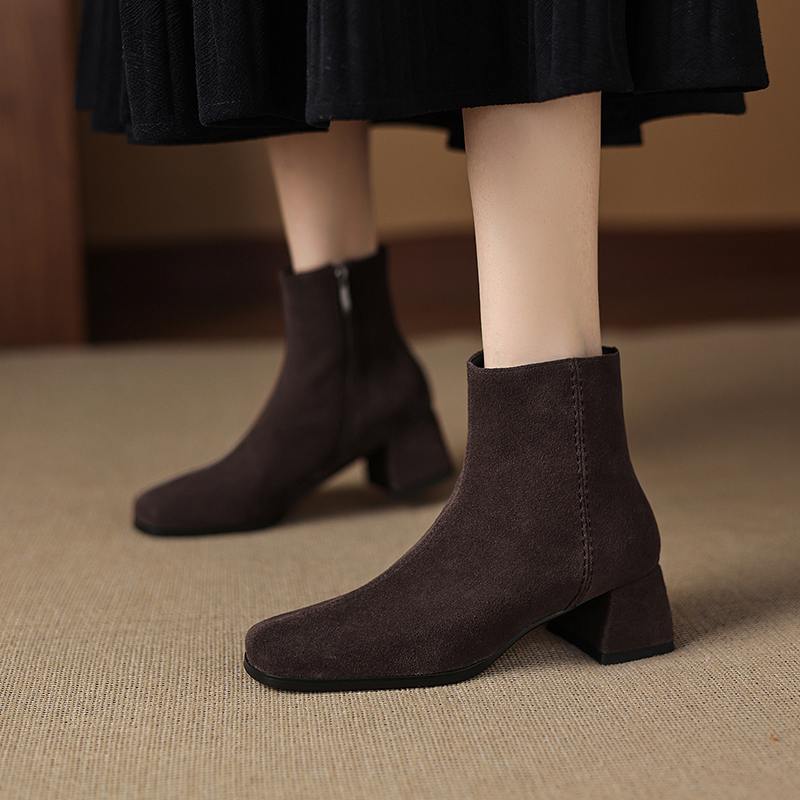 Krazing Pot 2026 cow suede nubuck Winter Square Toe Chunky Heels Chelsea Fashion Boots Women Zip Retro Women Ankle Boots