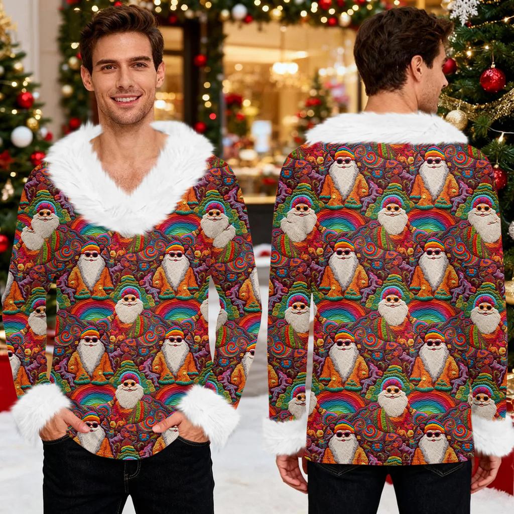 Męska bluza z kapturem z nadrukiem świątecznym, podszyta polarem | Sweter imprezowy z imitacją obszycia i kieszenią | Duży rozmiar, luźny krój, świąteczny pulower