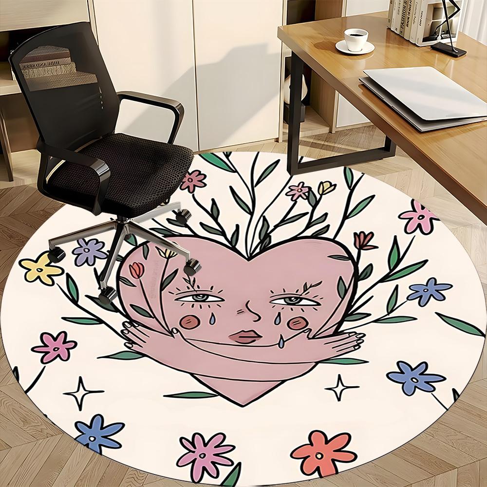 1pc Heart Flowers Office Round Area Rug, Mat Suitable For Office, Under Office Chairs Bedroom Living Room Home Decor, Room Deco