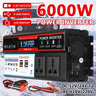 4USB 6000W Solar Power Car Inverters LCD Display DC12/24V To AC 110V/220V Modified Sine Wave Voltage Transformer Car Adapter