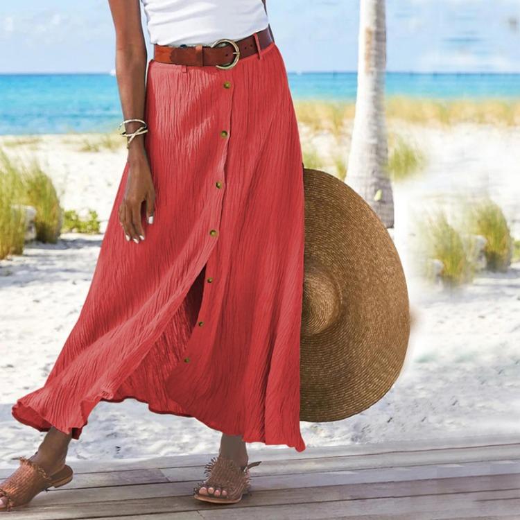 

Богемная женская миди-юбка на пуговицах с высокой талией, юбка для вечеринки, пляжная юбка XXL красный