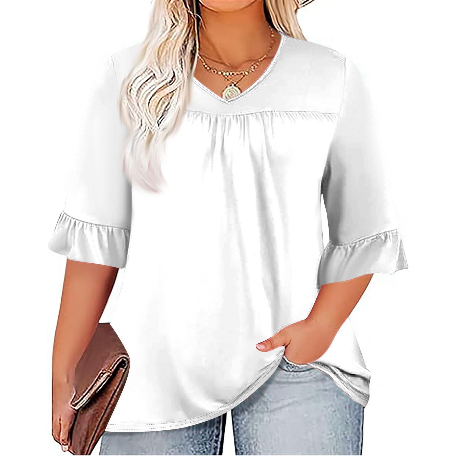 

Женская модная повседневная однотонная футболка с v-образным вырезом и принтом, плиссированная футболка с рукавами семь минут, топы больших размеров XL белый