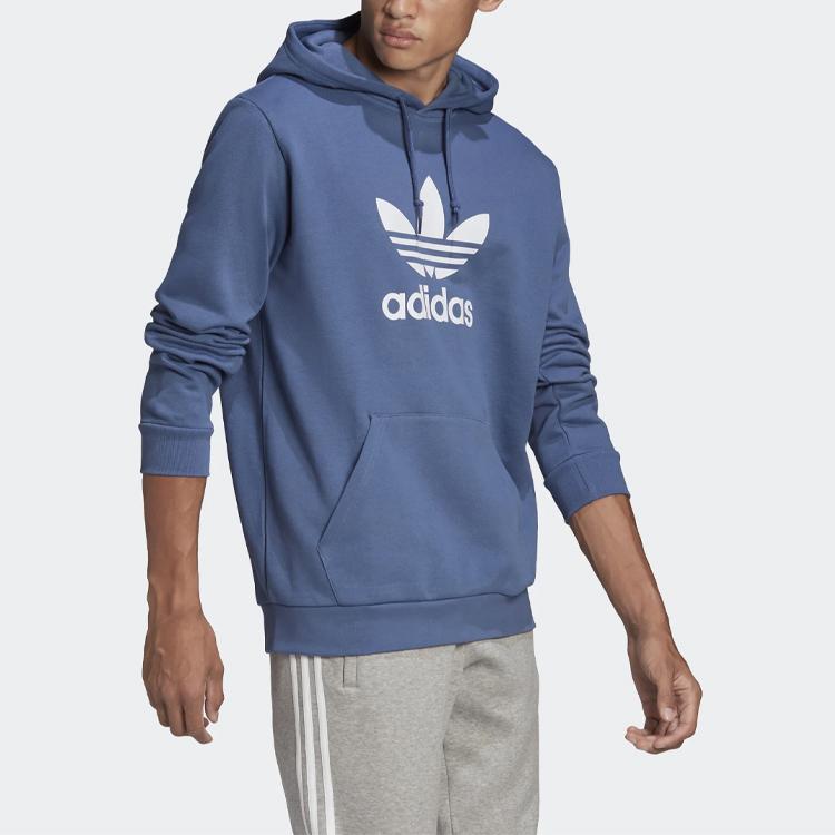 adidas Originals Trefoil Print Logo Hoodie Long Sleeve Pullover Sweatshirt Men Tops Blue GN3460