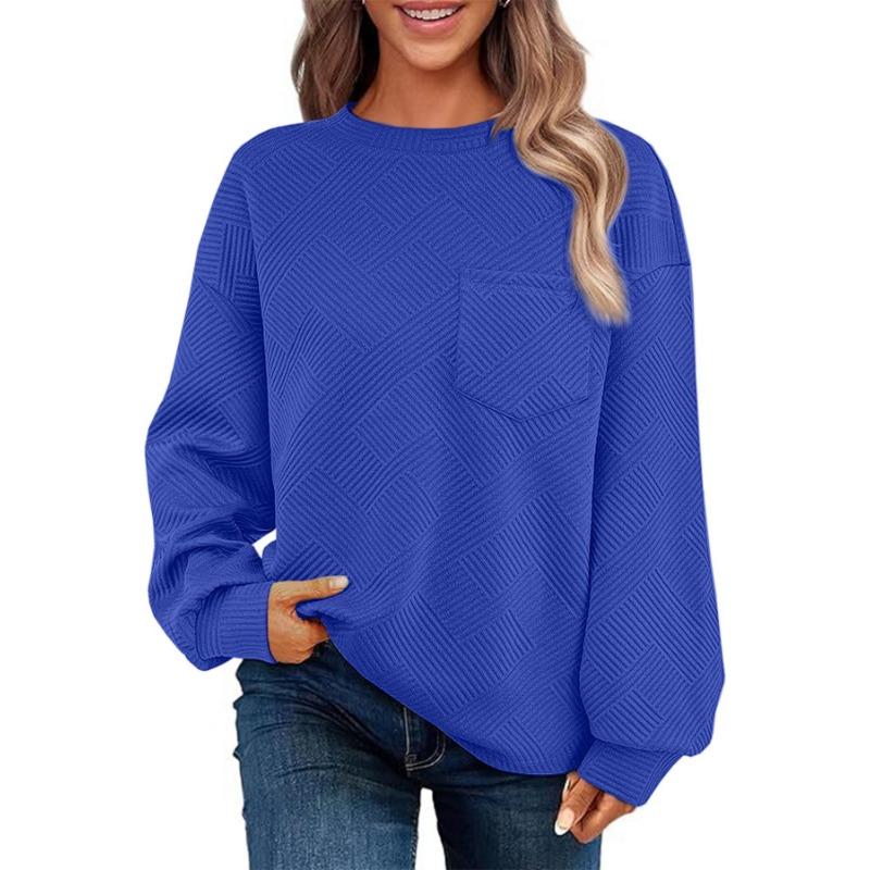 Autumn Winter Round Neck Solid Loose Casual Sweatshirt Women Long Sleeve Pocket Simple All-match Pullover Top