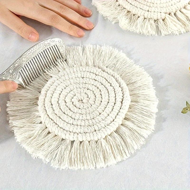 [Bohemian Coaster] Bohemian Round Braided Coaster with Tassels | Handmade Macrame Cup Cushion, Non-Slip Coffee Pad for Restaurants