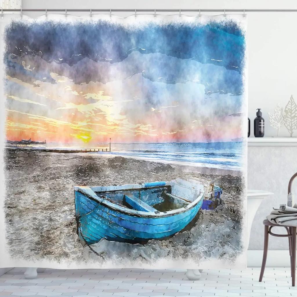 Norse Vikings Ship Shower Curtain Fantasy Boat Art Black and White Color Sailing Dragon Ship Curtain for Bathroom with Hooks