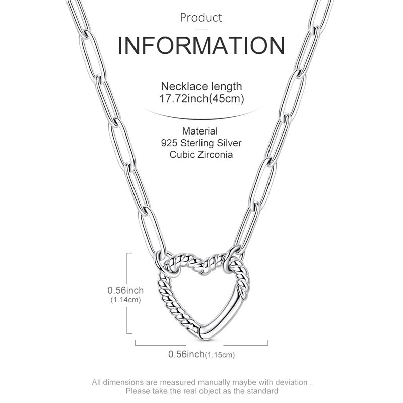 925 Silver Heart Openable Pendant Necklace Rope Texture Rectangle Link Chain Fashion Jewelry Gift for Women