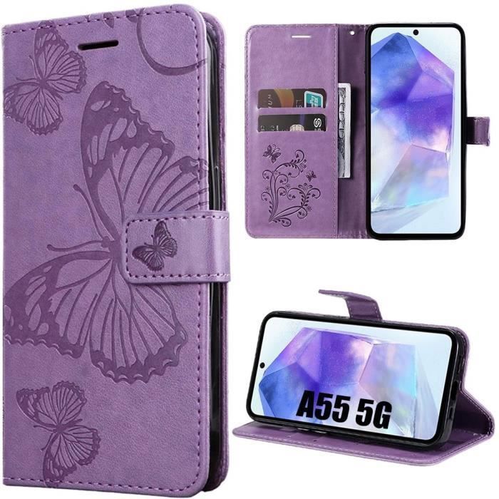 Coque de protection - Samsung - Galaxy A55 5G - Cuir synthétique - Motif papillon - Violet