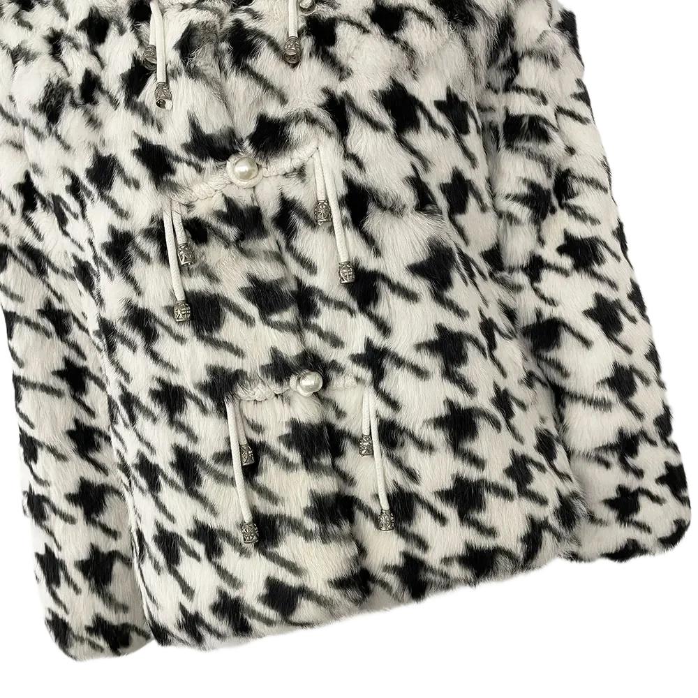 OFTBUY 2024 Real Natural Rabbit Fur Coat Winter Jacket Women Thick Warm Houndstooth Pattern Elegant Outerwear Streetwear Fashion