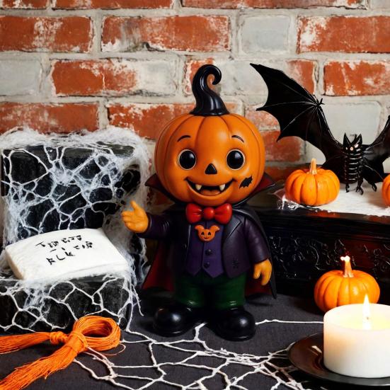 Halloween Pumpkin Kid Figurine Mini Resin Demon Pumpkin Statue Spooky Tabletop Ornament for Outdoor Indoor Home Garden Decoration