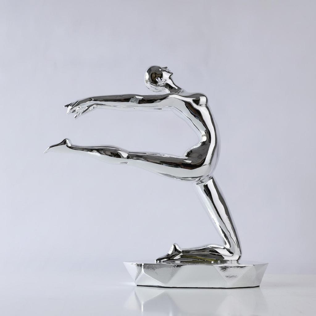 Silver Exercise Pose Figurine with Rectangular Base Glossy Resin Sculpture Artistic