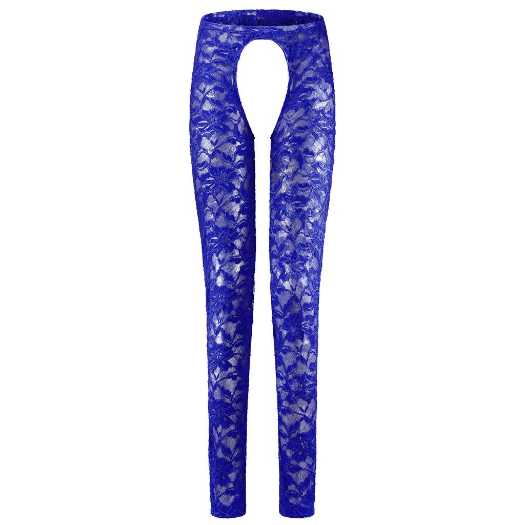 Sissy Lingerie See Through Floral Lace Open Crotch Long Pants Men Low Rise Bottoms Lounge Tight Stretchy Trousers Sleepwear