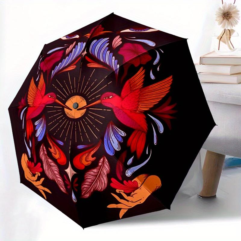 1pc Hummingbird Floral Automatic Open/close Folding Compact Umbrella, 8-Rib Sturdy Canopy, Lightweight Portable, Everyday Use, Gift, Outdoor Umbrella,