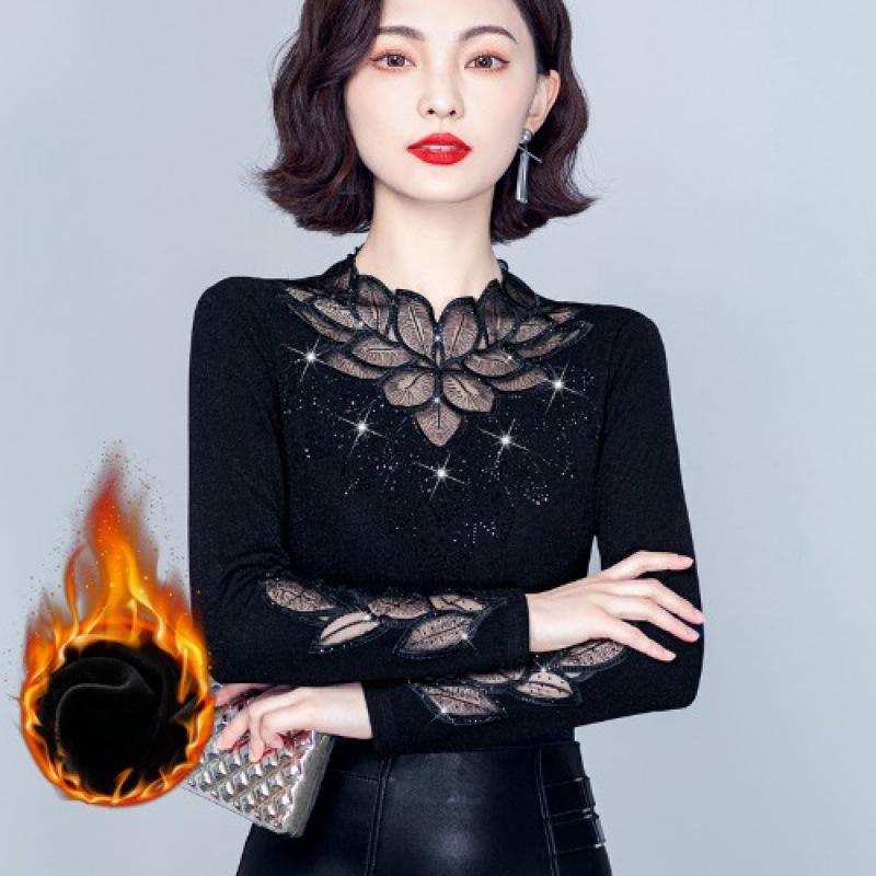 Plus Velvet Thick Bottoming Shirt Women's Spring and Autumn Fashion Black Lace Small Shirt Mesh Long-sleeved Top