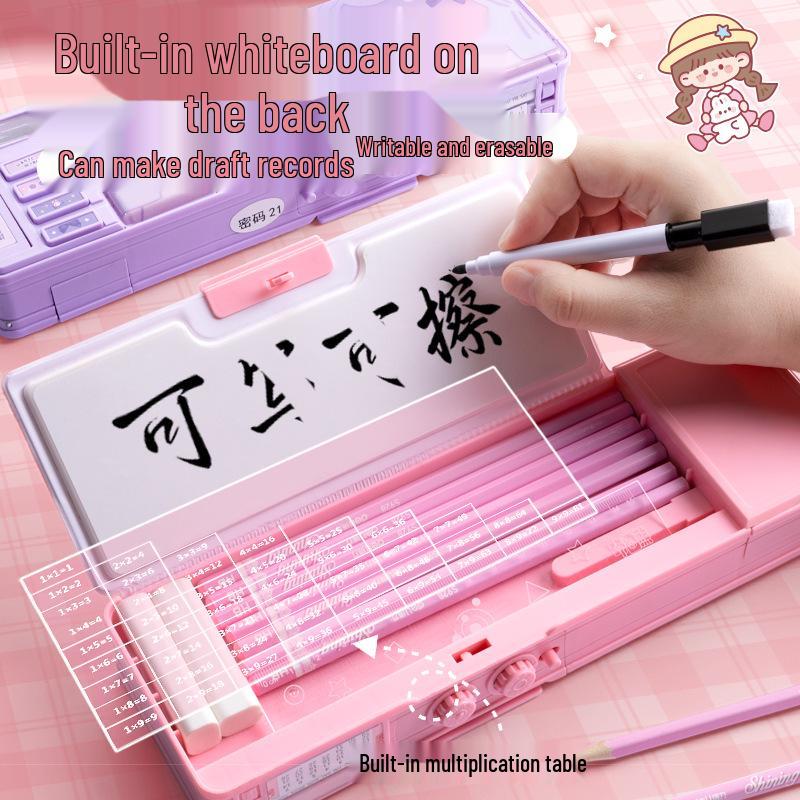 Kaba Bear Double Layer Cute Cartoon Pencil Case with Password Lock - Large Capacity for Students