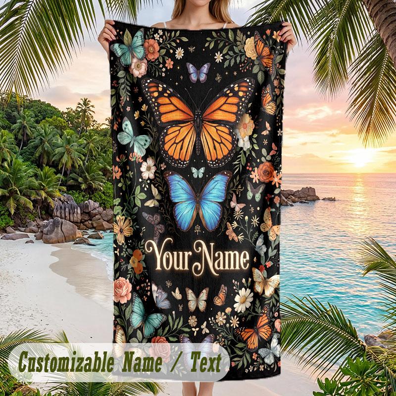 Butterflies Flowers Garden Theme Quick Dry Beach Towel Custom Name Text Print Large Sand Resistant Towel Beach Vacation
